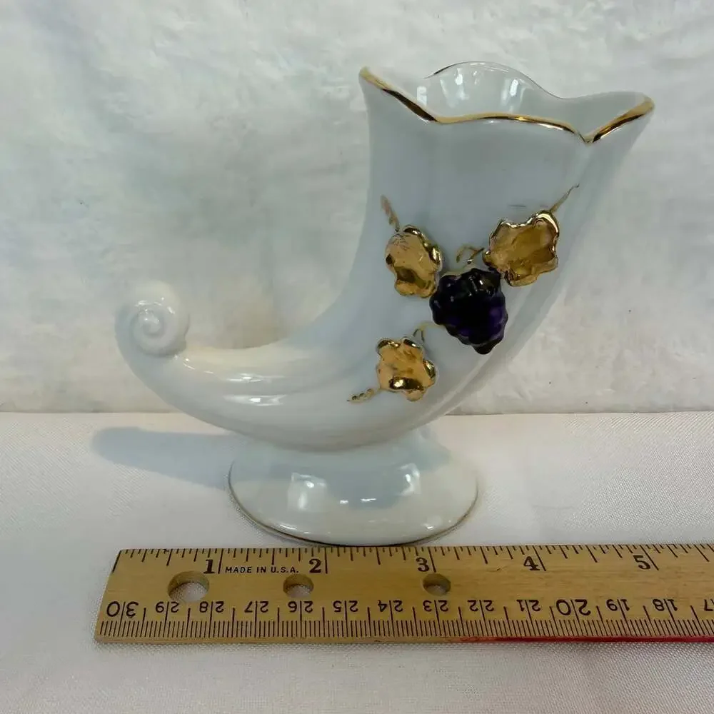 Small vintage porcelain cornucopia vase white w/ gold trim purple grapes 5”